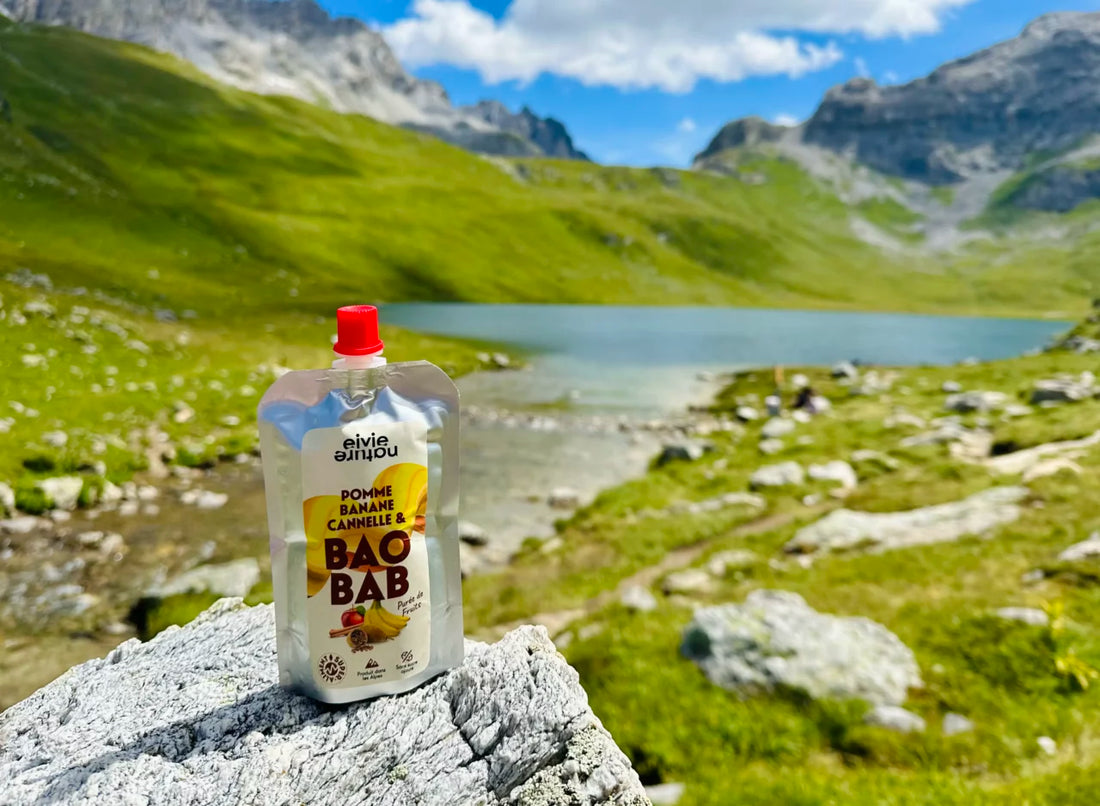 Gourde EIVIE Nature à base de baobab, posée en pleine nature, riche en fibres, calcium et vitamine C pour une nutrition équilibrée