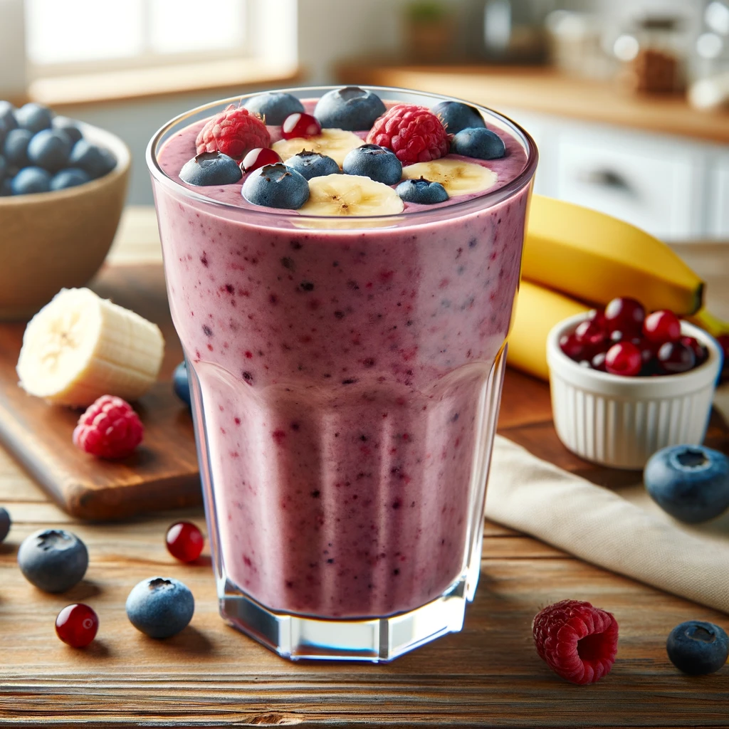 Smoothie protéiné aux fruits rouges, banane et lait végétal, riche en antioxydants et protéines naturelles
