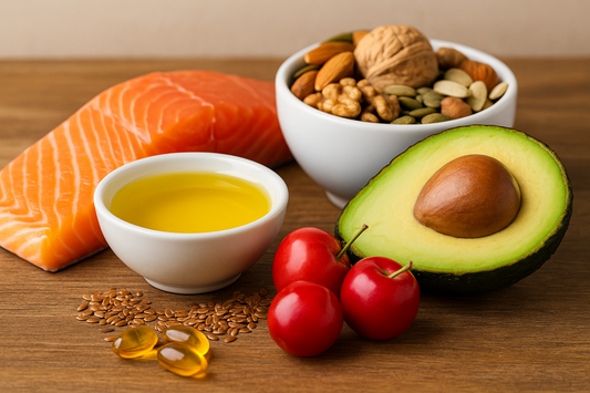 ingrédients riches en bons lipides : avocat, saumon, huile végétale, noix et graines – sources naturelles d’oméga-3 et de vitamines essentielles.