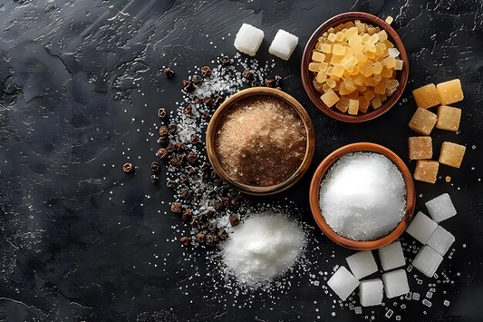 Variétés de sucres posées sur fond noir : sucre blanc, sucre brun, morceaux et cubes. Illustration pédagogique sur les sucres ajoutés.