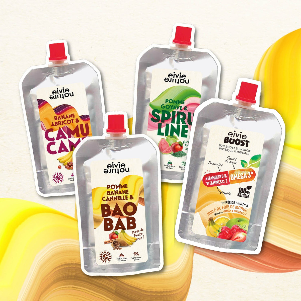 Pack Découverte Eivie Nature – 4 purées de fruits aux super-aliments : camu camu, spiruline, baobab et EIVIE Boost
